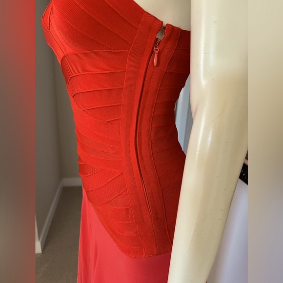 Herve Leger One-Shoulder Rose Gown in Coral Poppy Long Dress - Picture 7 of 10